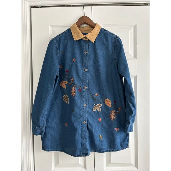 Bobbie Brooks Tops - Bobbie Brooks Embroidered Fall Leaves Denim Button-Up Shirt